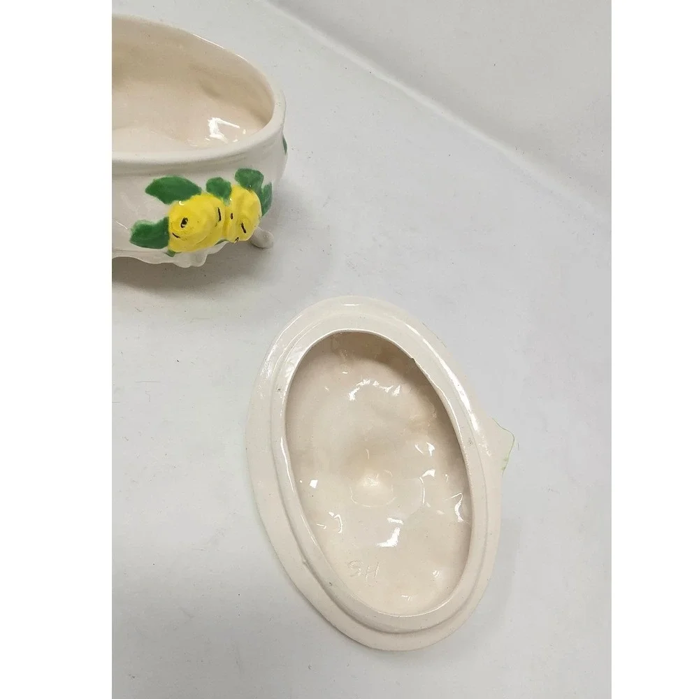 Vtg ceramic footed trinket dish w/lid yellow green roses floral cottagecore